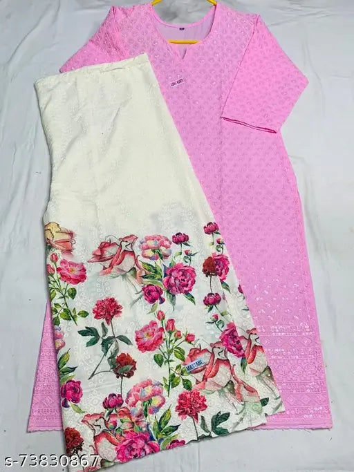 Cotton Chikankari embroidery partywear Kurta set with palazzos, three-quarter sleeves, ready-to-wear, quality Indian craftsmanship