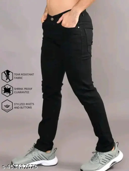 Black slim fit jeans with visible branding