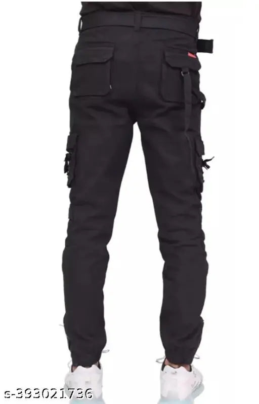 Black cotton blend cargo jeans for men, solid style by Flaying Men