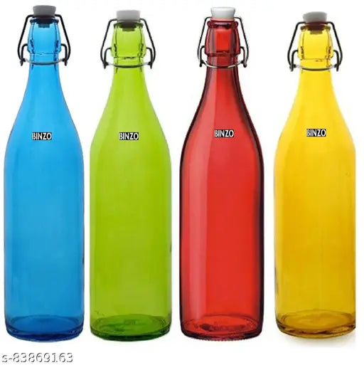 4-pack of 1L color glass BINZO bottles with fliptop, ideal for fridge storage of beverages like water, milk, smoothies, soda