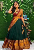 Art Silk South Indian Lehenga Choli set for women and girls, featuring Zari woven patterns and unstitched design. Traditional attire for special occasions, available in various sizes from 11-12 years to free size. Pair with heels or flats for a stunning look