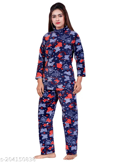 Night blue woolen Kambal pajama set for women, featuring collared neck, full sleeves, and floral design. Super soft material, hand wash only. NACNO® women's nightwear from India." (123 characters)
