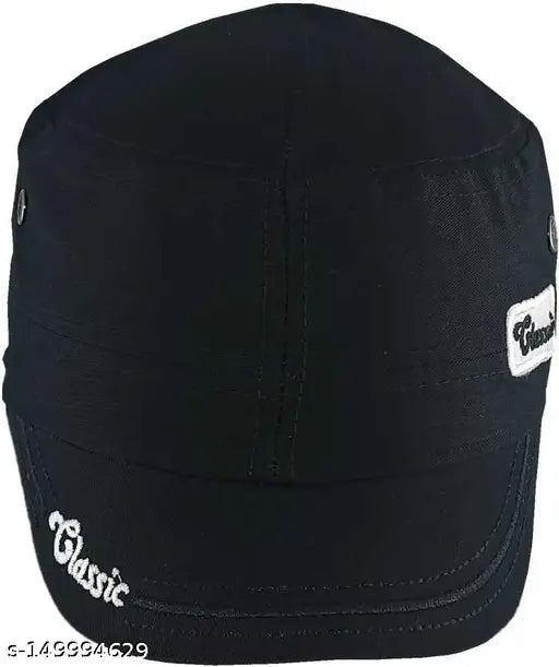 Black cotton embellished flat cap for men, branded Indian sports style