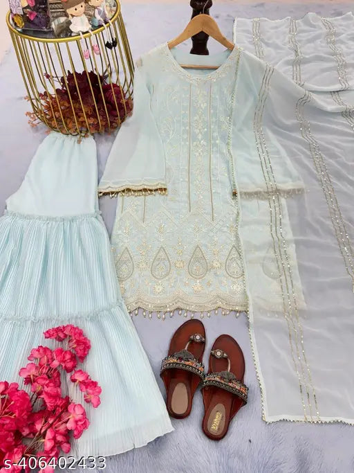 Sky blue, satin fabric party wear look sharara suit with embroidery and lace border