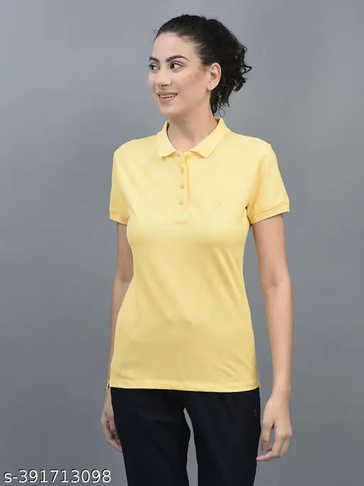 Yellow cotton blend Dollar Women's Solid Polo Neck T-shirt - Short sleeves, stylish embroidered logo branding, available in sizes S-XXL