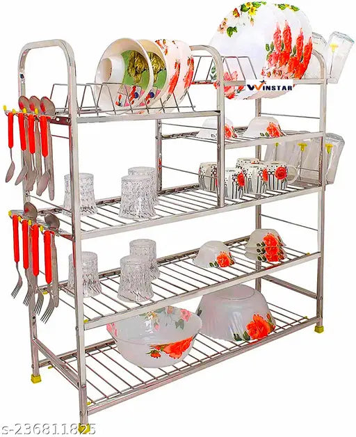 Stainless steel kitchen utensils wall mount dish rack with glass stands and plate cutlery holder, 31 x 30 inches