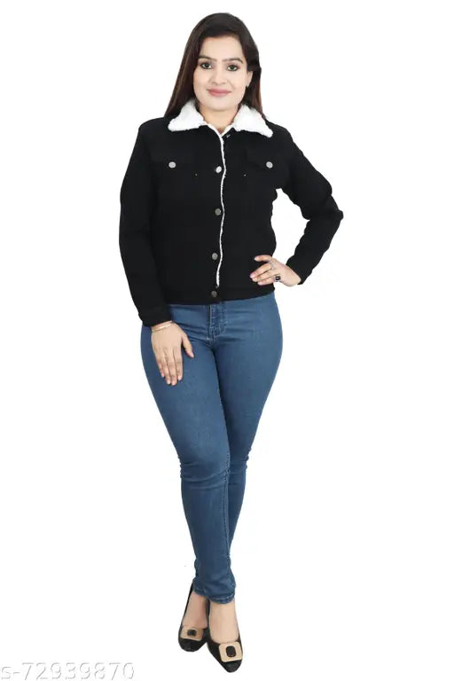 Black denim jacket with long sleeves and solid design, ideal for a chic winter look. Made in India