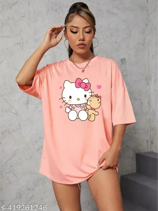 Women's oversized t-shirt, pink fabric, hello kitty print