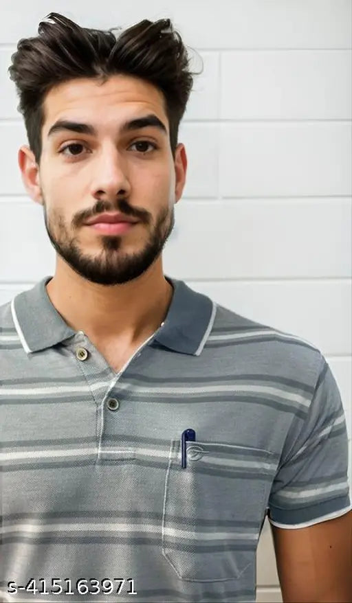 Red and Cream striped polo t-shirt set for men, cotton blend with short sleeves, pack of 2, Krishiika Enterprise product on display rack