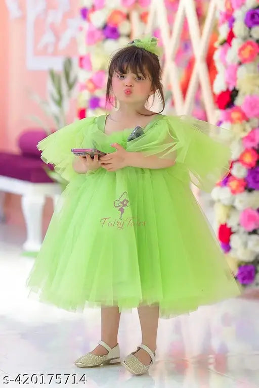 Green satin tulle dress, long sleeves, ruffled hem