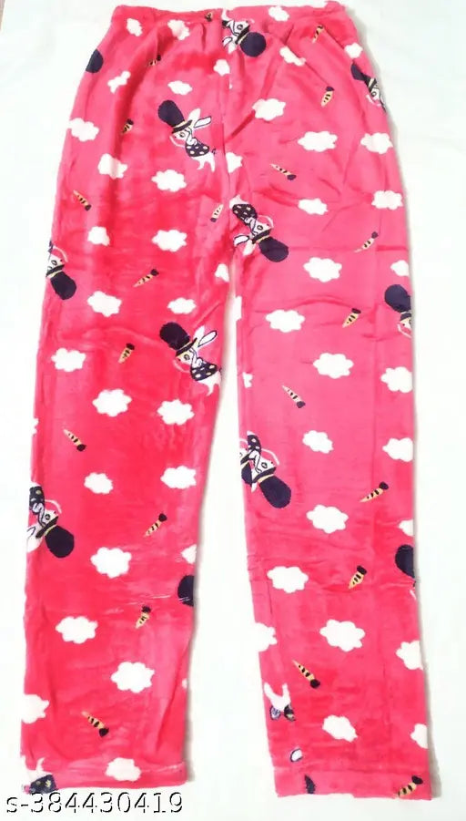 Pink winter fleece pajamas with random cartoon design, without pockets, for girls and women