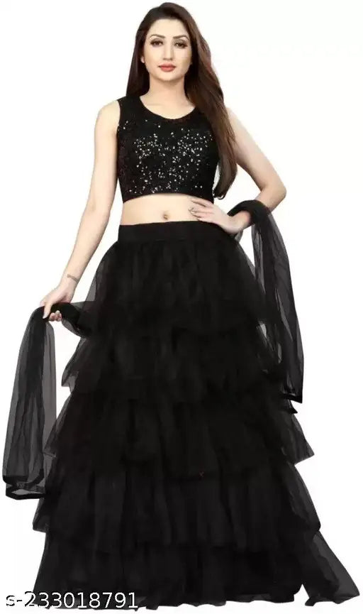 Embellished velvet lehenga with net dupatta and ruffle detail, Indian bridal wear for women (Free size: 42in waist, 42in length)