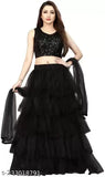 Embellished velvet lehenga with net dupatta and ruffle detail, Indian bridal wear for women (Free size: 42in waist, 42in length)