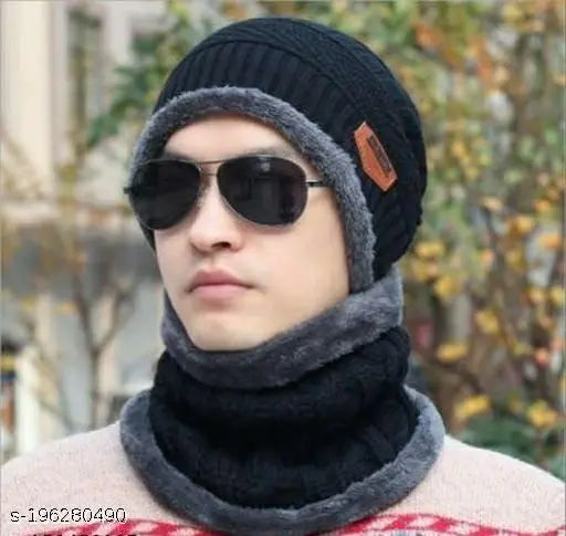 Woolen cap set (CAP+NECK MUFF), soft and furry, stylish winter protection for kids (Boys, Girls)