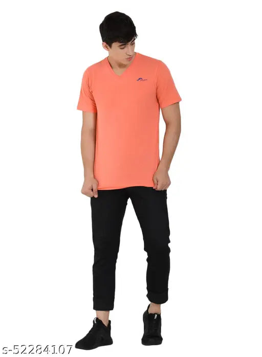 Orange polycotton men's round neck half-sleeve t-shirt, solid pattern, size M (20in chest, 26.5in length). Smart, comfortable style for everyday wear