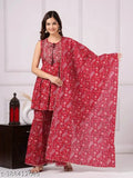 Red women's sharara suit with dupatta, cotton fabric