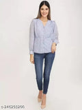 Blue georgette bell-sleeve women's top with floral print, casual style