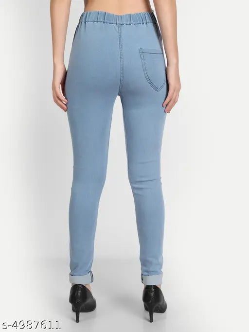 Solid skyblue denim jeggings, medium waist, stretchable and skinny fit for women