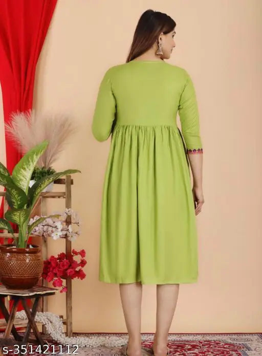 Green rayon unstitched embroidered kurta with ruffled hem