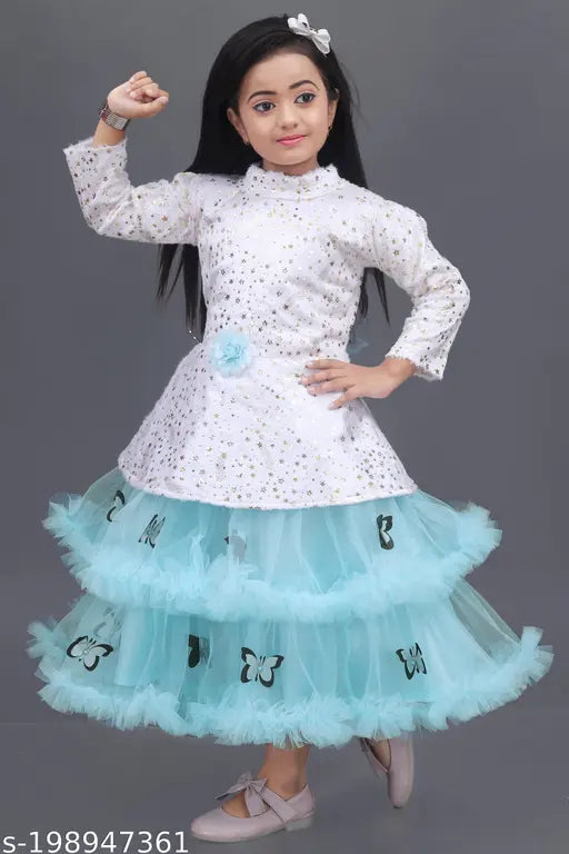 Aqua blue embellished net girls' gown frock with long sleeves, single size for 1-2 and 2-3 years. Indian-origin dress on mannequin