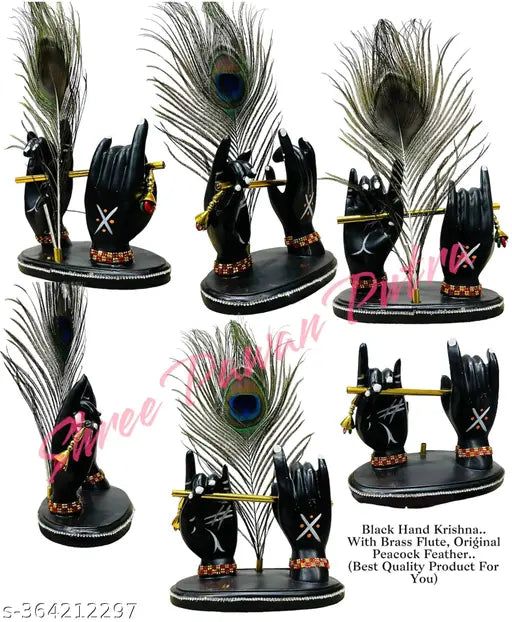 Black peacock feather and flute decorative figurine, temple gift, 6 inches