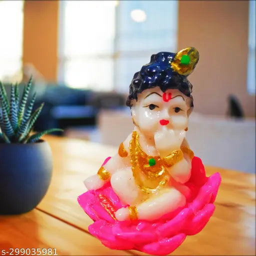 Marble Krishna idol, baby Krishna on lotus, Hindu decor gifting item (5cm x 6cm x 5cm)