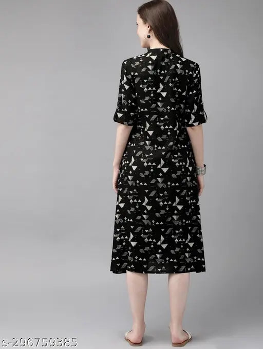 Black rayon flared kurti with printed combo, three-quarter sleeves - XL (bust size 42in), ethnic wear for women