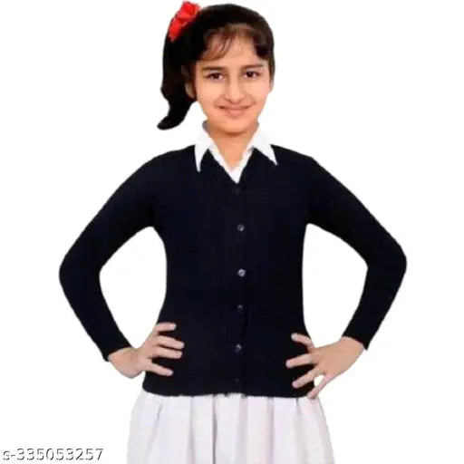 navy blue wool school uniform sweater for girls, solid pattern, long sleeves, 4-5 years old, India origin