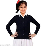 navy blue wool school uniform sweater for girls, solid pattern, long sleeves, 4-5 years old, India origin