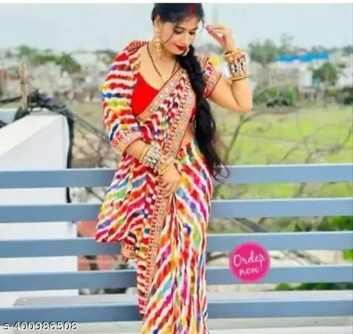 Colorful sari with lace trim and digital prints