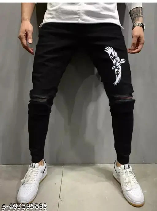Black denim men's eagle-printed jeans with straight fit, solid pattern, size 28/30/32