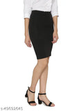 Black polyester pencil skirt with high waist, straight knee length and versatile fit