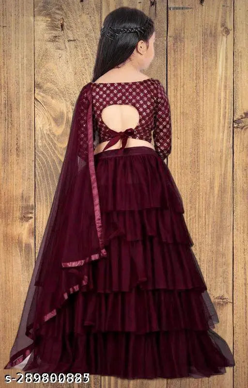 Cotton blend, embroidered kids' and girls' lehengas with net dupattas. Long-sleeved ruffle designs. Indian party wear, lowest price." (108 characters)
