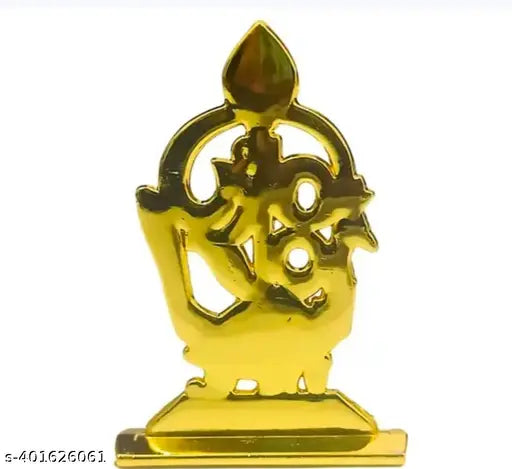 Peacock-gold finished metal Om Tamil god idol for car dashboards, offices, or pooja rooms