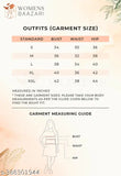 A fancy women's anarkali kurta set in two sizes, standard and bust. The standard size features a 3m length with short sleeves, while the bust size measures 40 inches around the chest. The garment is displayed with a measurement guide for reference