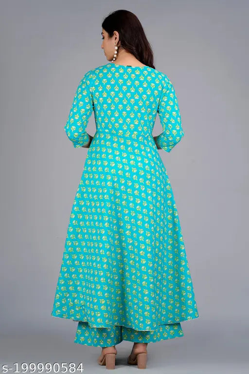 Women's cotton rayon Kurta & Palazzo set with three-quarter sleeves, featuring a vibrant printed net design. Pack of 2 sizes available, from M to XXXL