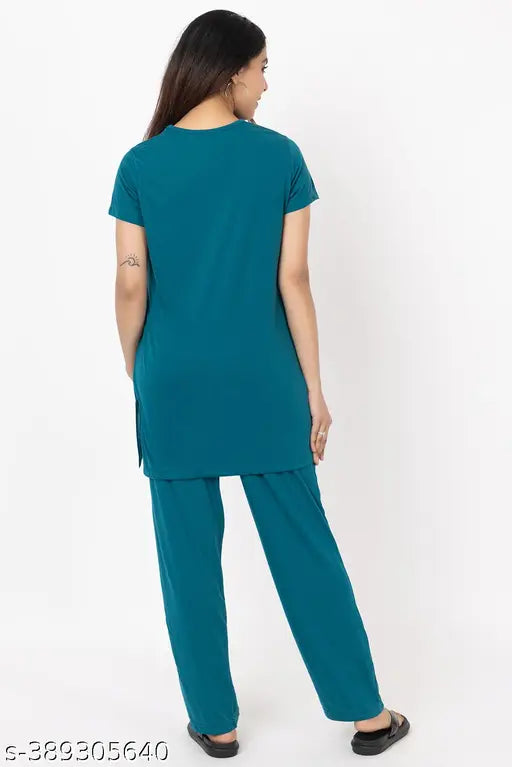 Green cotton printed women's night t-shirt and pyjama set, round neck design, stylish and comfortable sleepwear in premium quality cotton