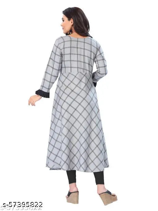 Grey checkered rayon kameez for women, long sleeves, festive wear