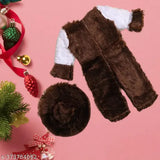 Brown wool three-quarter sleeve self-design net Christmas dress for girls, complete with matching hat. Fashionable winter attire for children aged 9-10 years, originating from India