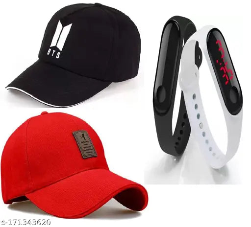 Black BTS cotton caps with smarty sporty Ediko watch pack, featuring black and white embroidered net design for men and boys