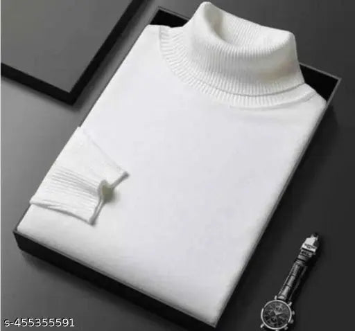 Wool high-neck long sleeve t-shirt for men, solid color, M (27in L, 38in H), India origin