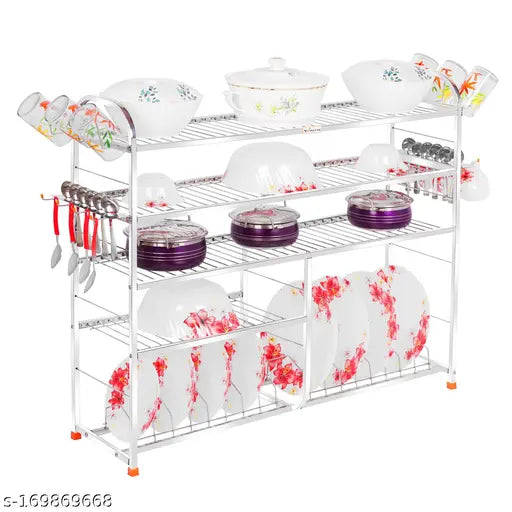Stainless steel wall-mounted kitchen rack with 5 shelves, holding various items including dishes and utensils