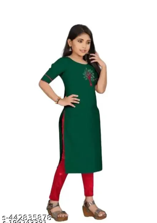 Cotton blend girls kurta, solid color traditional Indian three-quarter sleeve outfit for 6-13 years