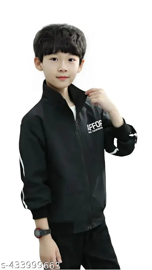 Black jacket with white logo, zip closure, short sleeves