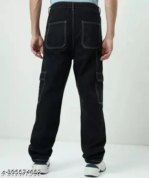 Black denim baggy men's jeans by Markview. Sleek and versatile casual/partywear jeans pant with cargo and jeans look