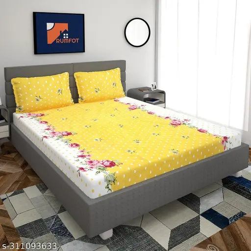White glace cotton fitted double bedsheet with 2 pillow covers (72x72 inches, 6-inch mattress), floral print, superfine quality - ideal for summer, adult use