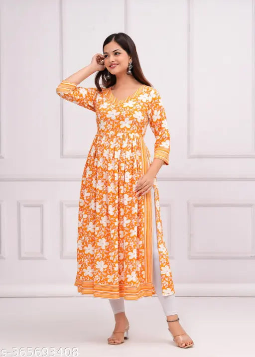 Viscose rayon printed combo women's kurtas with three-quarter sleeves, vibrant Indian fashion on model