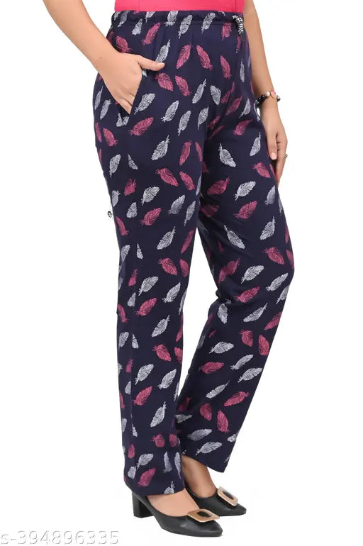Purple floral pattern women's lower pyjama set, elastic waistband