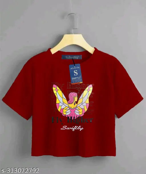 Maroon cotton Swiftly Women's Typography Round Neck T-shirt with printed design, short sleeves, size S for a bust of 32 inches and length of 15 inches