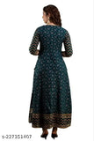Anarkali kurta with printed ethnic motifs in teal blue color on a woman's body, full sleeves, embroidery at border